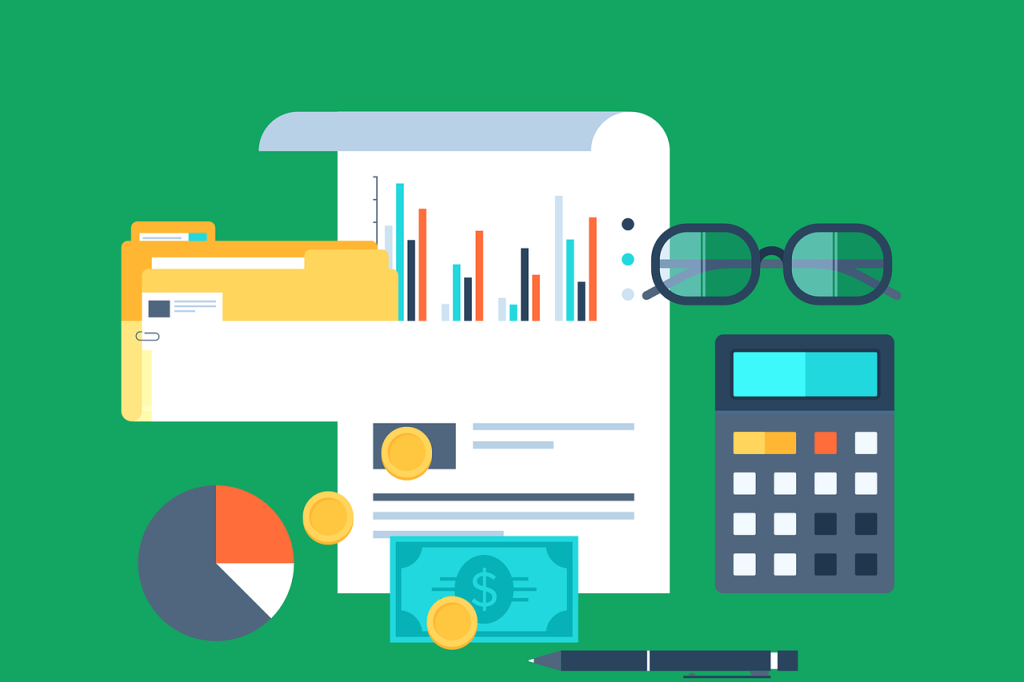 accounting-related graphic images including charts, calculator, files, notes and coins to represent choosing retirement funds in the US